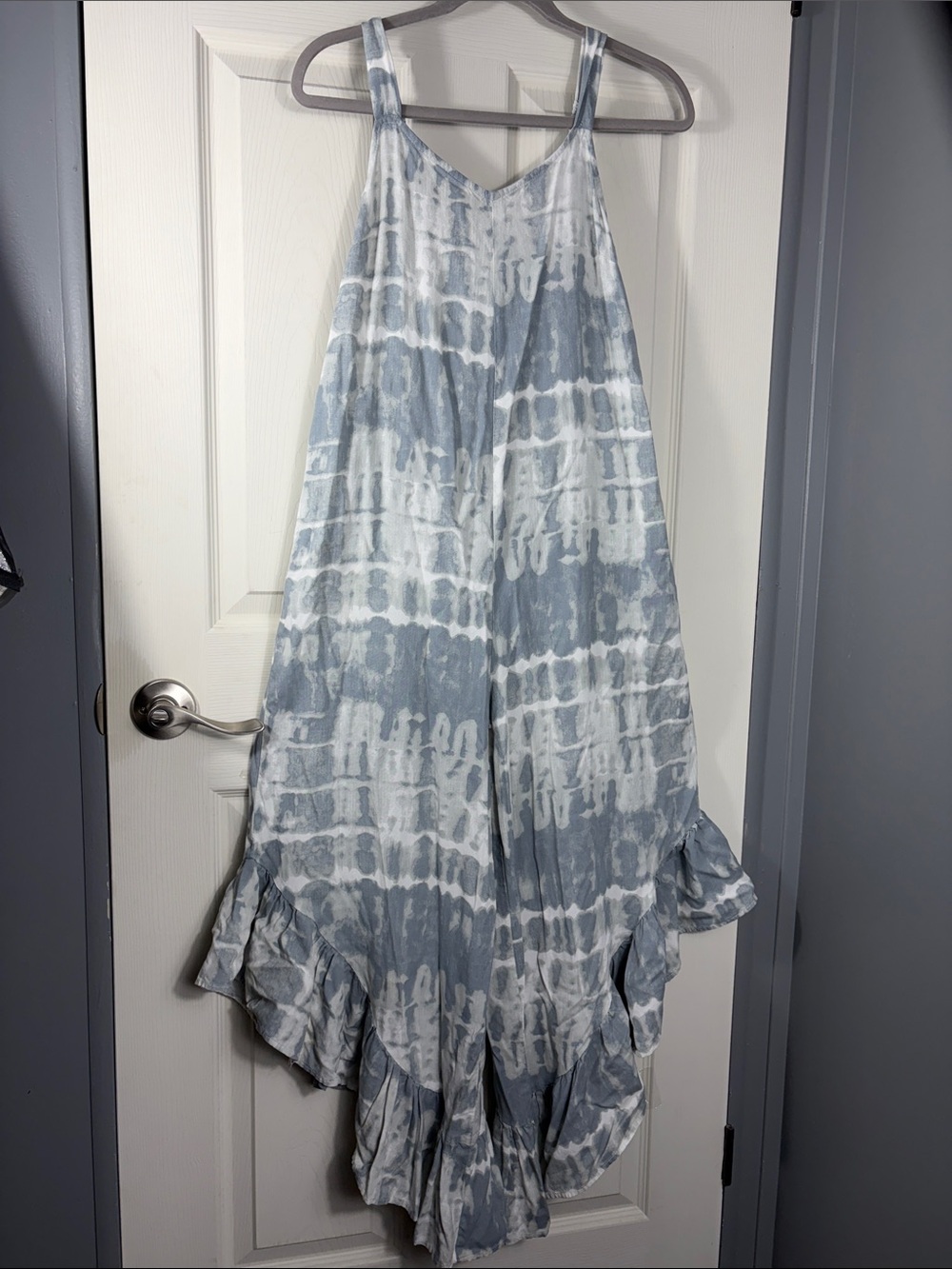 Japna Women's Blue and White High-Low Tie-Dye Ruffle Hem Skirt